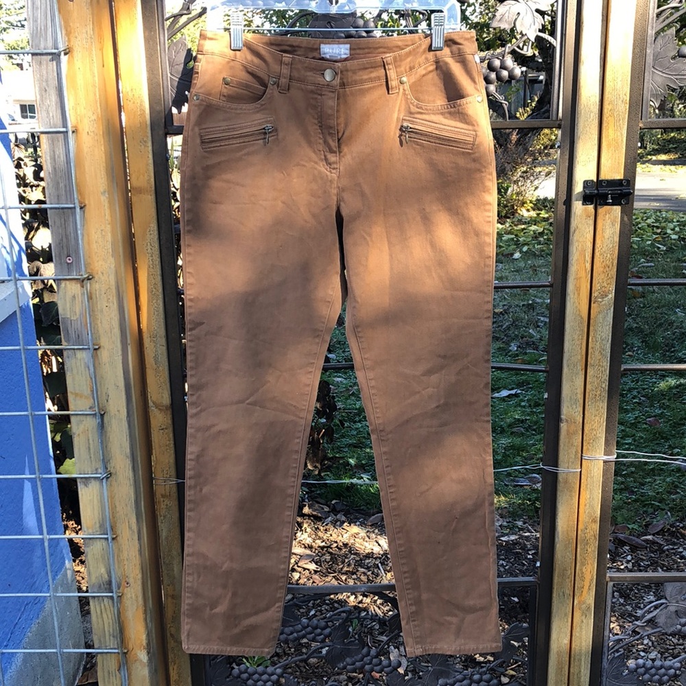 Pure Collection tan cotton blend casual pants with zippered front pocket…